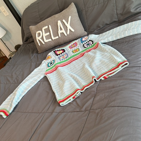 SHEIN Light Blue Knit Sweater Granny Square Crochet S NEW Striped Cardigan - Picture 6 of 10